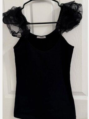 Zara Black Top With Gauze Ruffle Sleeves Size Small